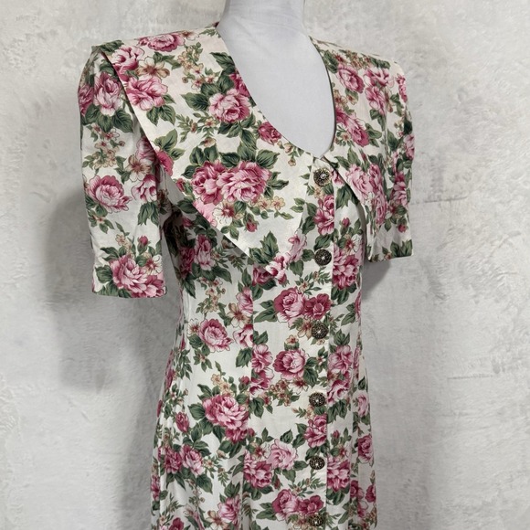 Vintage Rose Floral Midi Shirt Dress Size 10 Bib Collar Boho Tea Party Cottage - Picture 14 of 16
